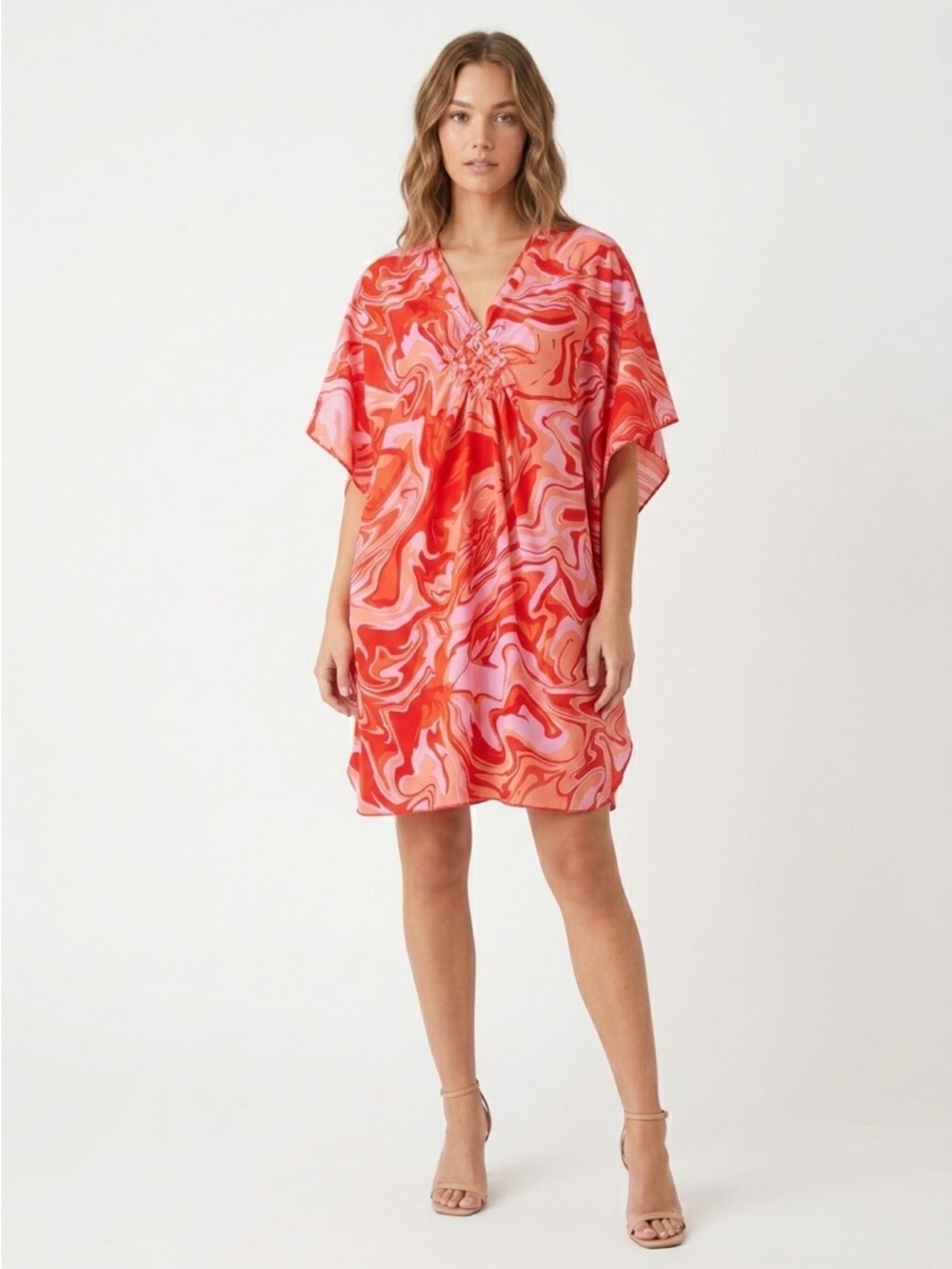 Umgee V-Neck Lattice Bust Tunic Dress Abstract Swirl Pink Orange M/L